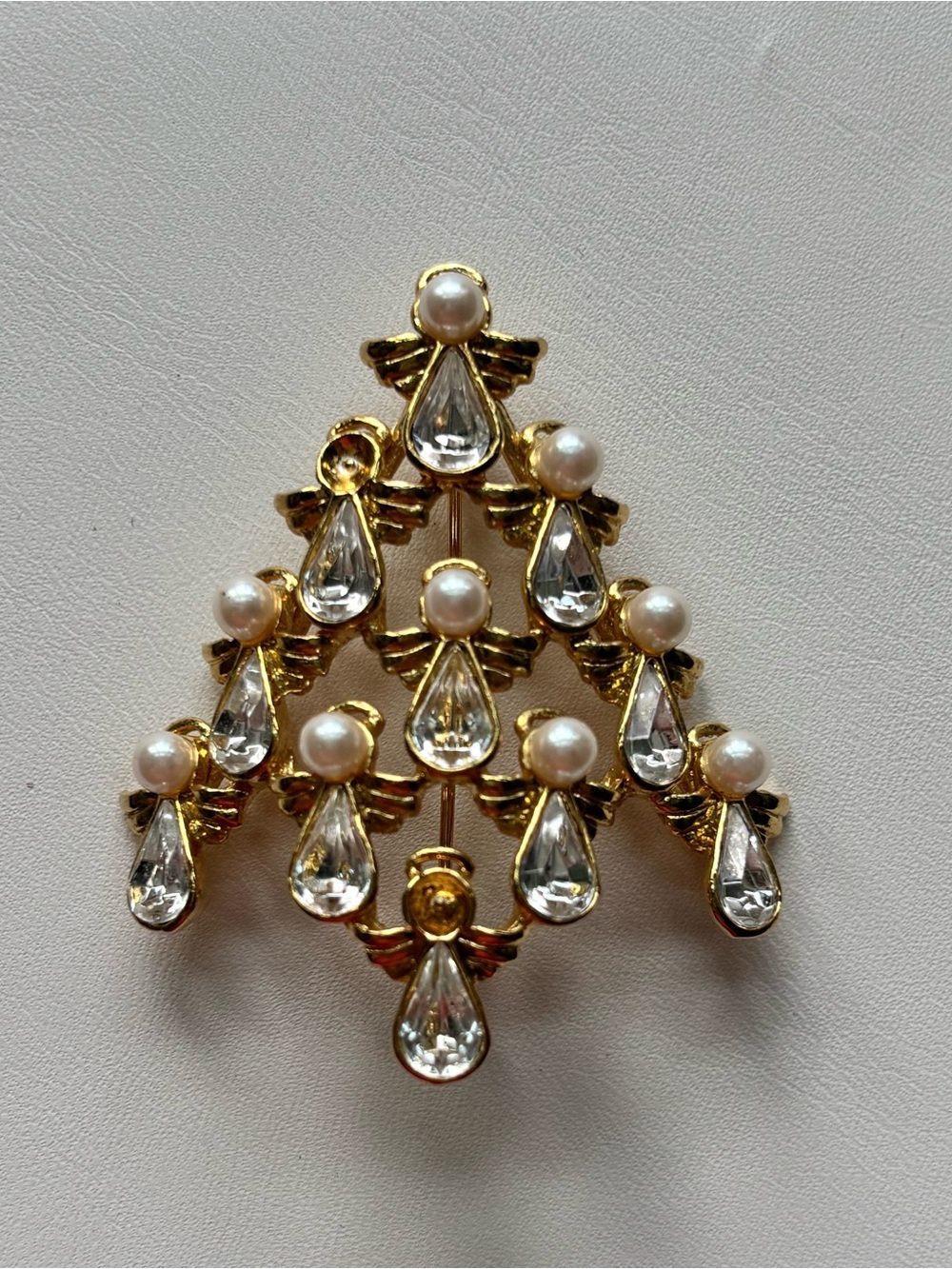 Vintage Nina Ricci for Avon NR Angel Christmas Tree Brooch Rhinestone Faux Pearl